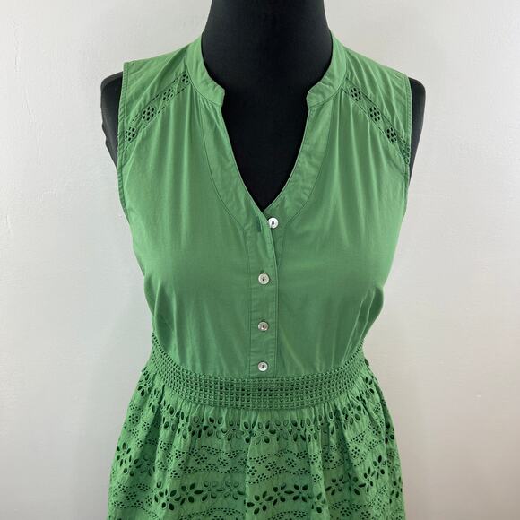 Anthropologie WOLVEN Green Sleeveless Button-Down Eyelet Cotton Sheath Dress 6 - Picture 2 of 9